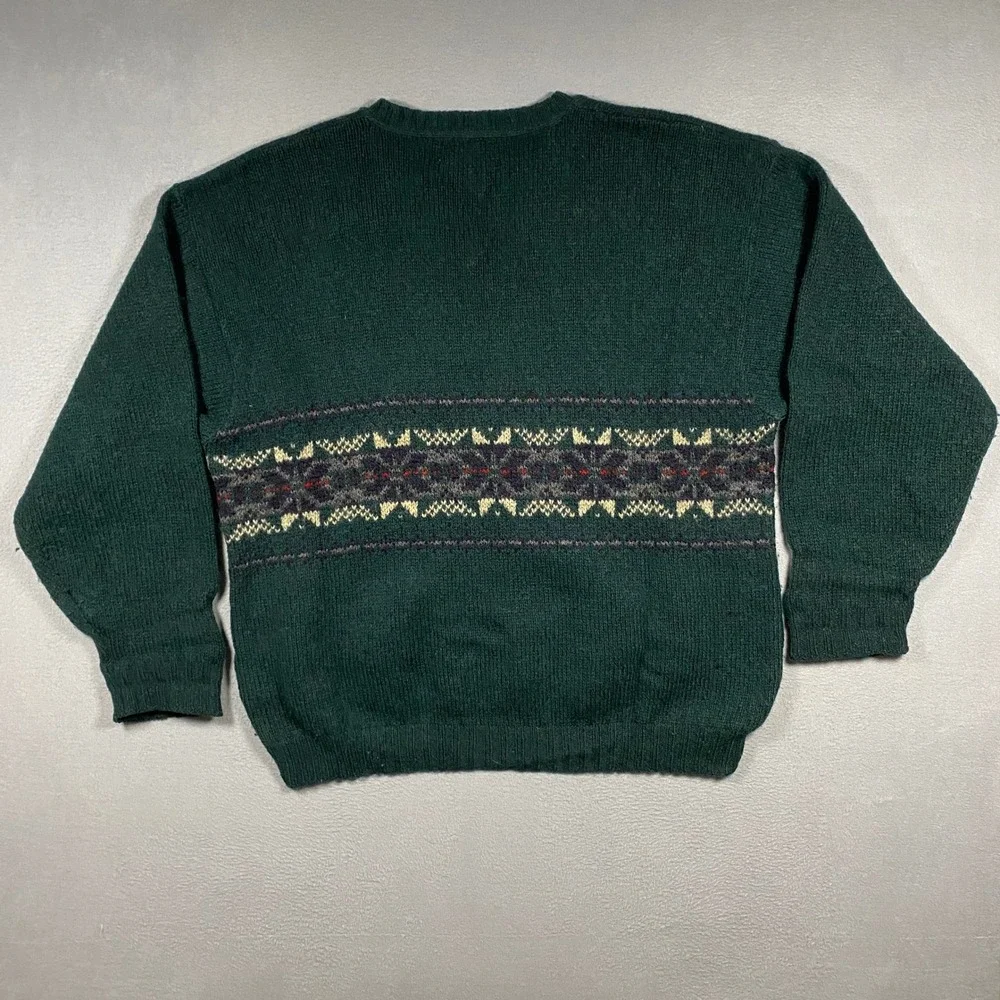 Vintage Eddie Bauer Wool Blend V-Neck Sweater Mens XL Green Fair Isle USA Made